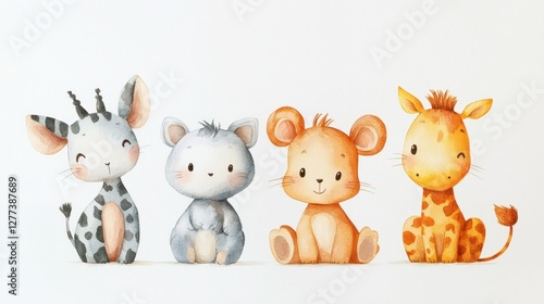 Cute cartoon animal characters, watercolor style, sitting in a row.