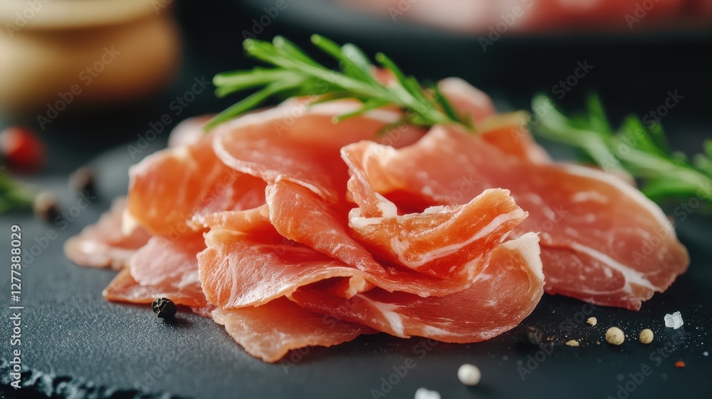 Closeup of sliced ham on a dark background for gourmet treats Closeup of sliced ham on a dark background for gourmet treats