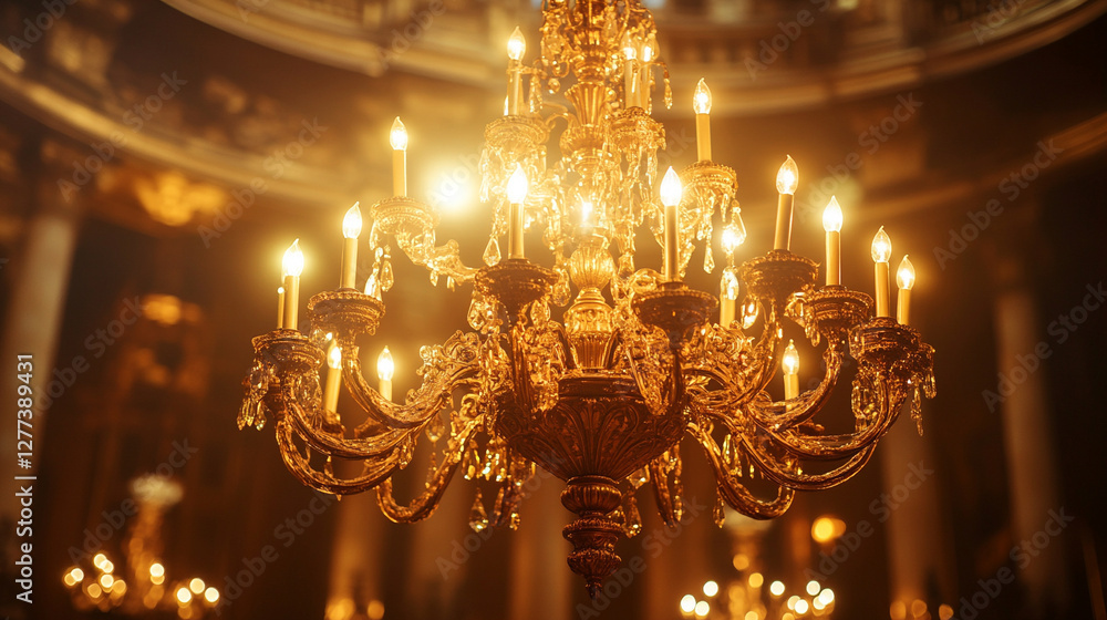 A luxurious chandelier with intricate details hangs from the ceiling in a grand room, casting a warm glow. The elegant design and modern craftsmanship symbolize sophistication and prestige A luxurious chandelier with intricate details hangs from the ceiling in a grand room, casting a warm glow. The elegant design and modern craftsmanship symbolize sophistication and prestige