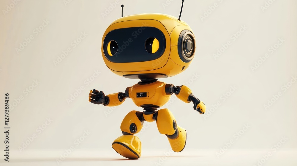 A cute, yellow robot walks forward against a light background. A cute, yellow robot walks forward against a light background.