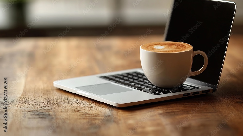 Sleek image of a desk with a laptop and coffee isolated on a transparent background ideal for productivity or remote work themes Sleek image of a desk with a laptop and coffee isolated on a transparent background ideal for productivity or remote work themes