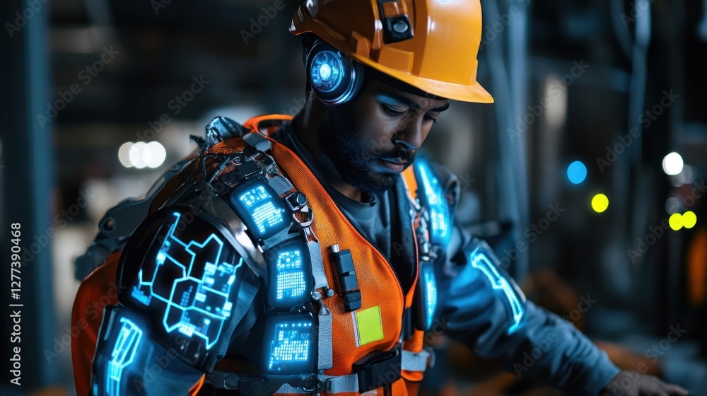 Fototapeta premium A focused construction worker wearing a futuristic exoskeleton with digital displays, illuminated in a dark industrial setting.