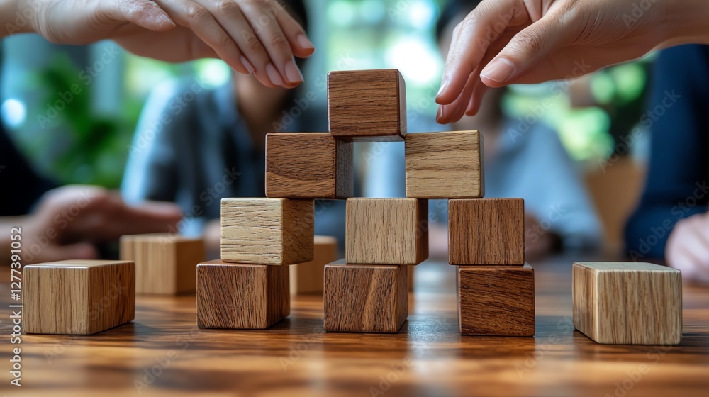 A closeup of hands stacking wooden blocks on a table, symbolizing knowledge sharing and management in a collaborative environment A closeup of hands stacking wooden blocks on a table, symbolizing knowledge sharing and management in a collaborative environment