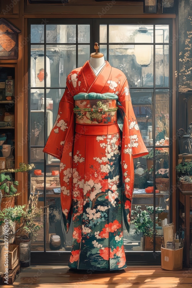 Naklejka premium Elegant Kimono Displayed on Mannequin Amidst Artful Floral Background in a Traditional Japanese Setting, Illuminated by Soft Window Light