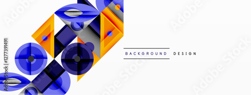 Geometric abstract composition with intersecting shapes, circles, triangles, and gradients, blending vibrant colors and dynamic contrasts to create a modern, futuristic visual design