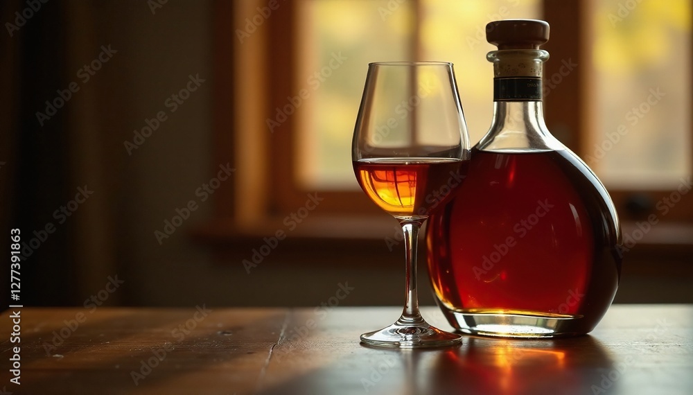 Cognac bottle and glass on a wooden table with brandy inside, table, amber, cognac Cognac bottle and glass on a wooden table with brandy inside, table, amber, cognac
