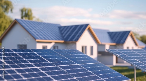 Wallpaper Mural Solar panels on rooftops harness sunlight, promoting renewable energy in modern homes, surrounded by greenery and a clear sky. Torontodigital.ca