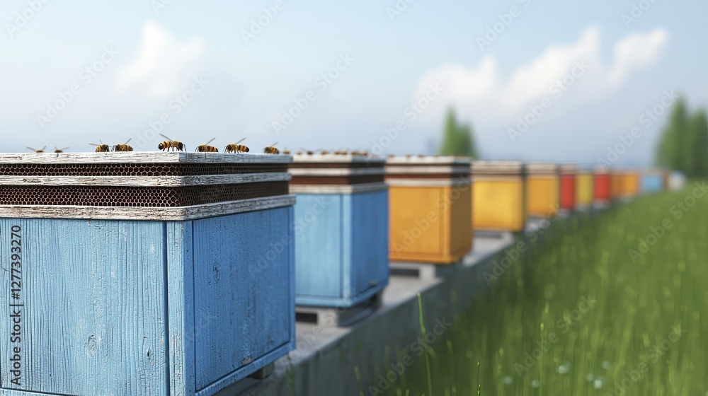 Fototapeta premium Colorful beehives lined up in a grassy field under a clear sky, showcasing a tranquil and productive beekeeping environment.
