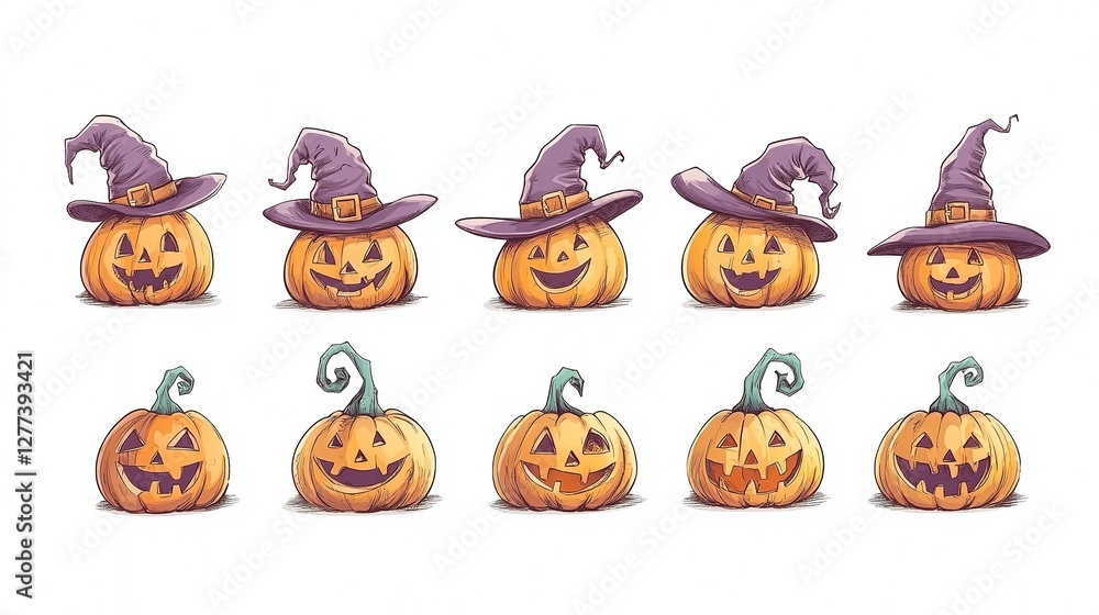 Halloween Jack o lanterns with Witch Hats Cartoon Pumpkins Halloween Jack o lanterns with Witch Hats Cartoon Pumpkins