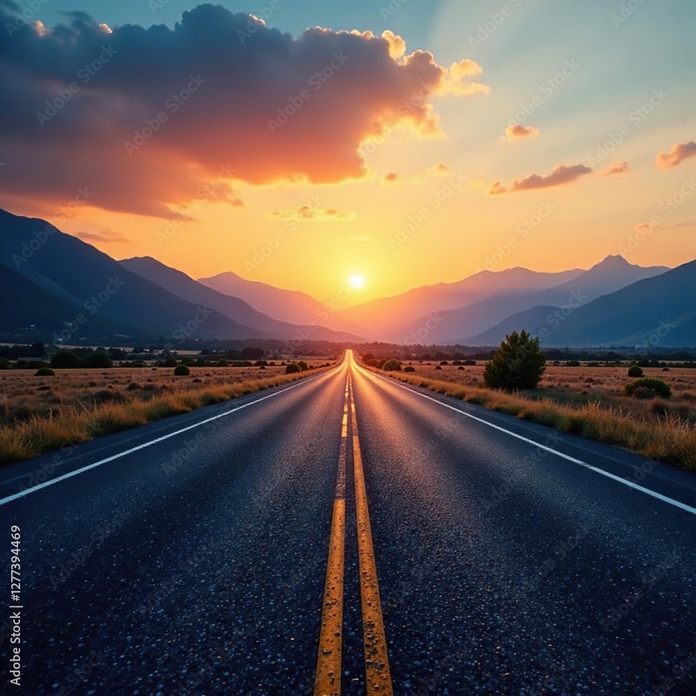 Fototapeta premium Straight asphalt road disappearing into distance with mountains in background at sunset, landscape, highway, horizon