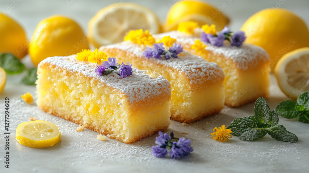 Lemon cakes with white icing and edible floral decorations. A nonfat dessert.Elegant, low-fat treats perfect for a spring or summer celebration. Lemon cakes with white icing and edible floral decorations. A nonfat dessert.Elegant, low-fat treats perfect for a spring or summer celebration.