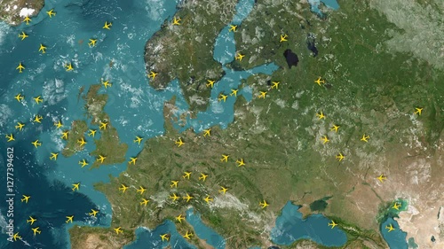 Airplane traffic over Europe. Radar showing the movement of yellow colored airplanes, over various countries and continents.