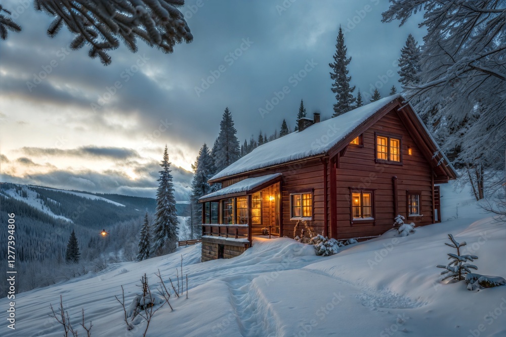 Fototapeta premium Cozy Cabin in Snowy Mountains