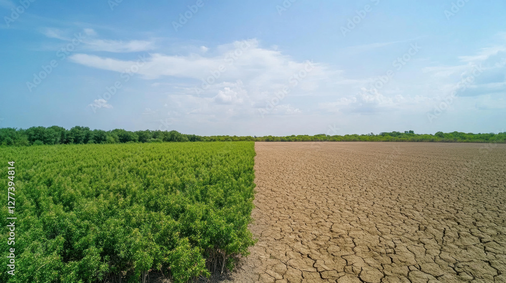 Dense foliage on one side and arid wasteland on other, showcasing stark contrast of nature beauty and harshness Dense foliage on one side and arid wasteland on other, showcasing stark contrast of nature beauty and harshness