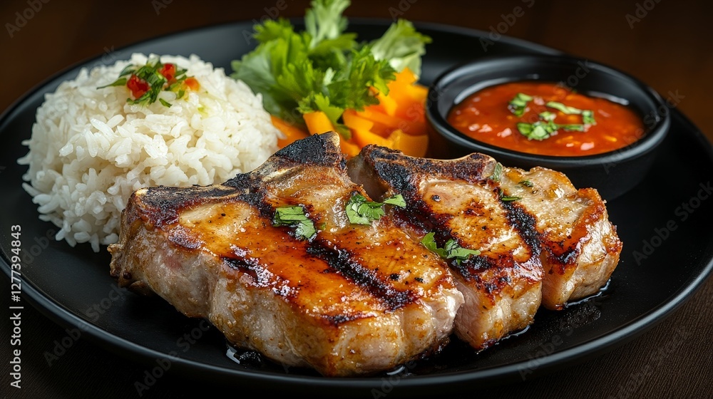 A delicious plate featuring grilled pork chops, rice, vegetables, and dipping sauce. A delicious plate featuring grilled pork chops, rice, vegetables, and dipping sauce.