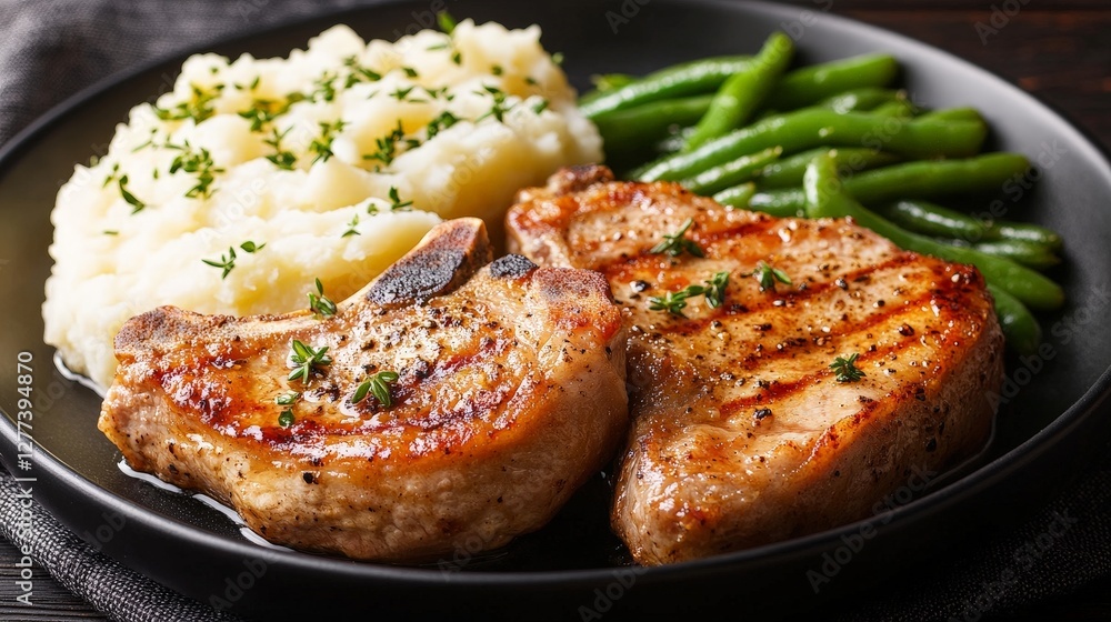 A delicious plate featuring grilled pork chops, mashed potatoes, and green beans. A delicious plate featuring grilled pork chops, mashed potatoes, and green beans.