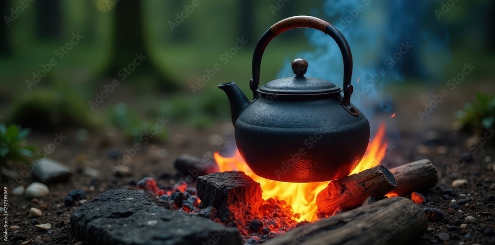 Aged kettle on campfire, glowing embers surround base , old, wilderness, orange Aged kettle on campfire, glowing embers surround base , old, wilderness, orange