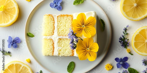Lemon cakes with white icing and edible floral decorations. A nonfat dessert.Elegant, low-fat treats perfect for a spring or summer celebration.