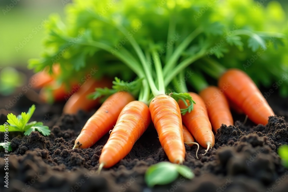 Fresh carrots and green shoots growing in a farm field with wildflowers surrounding them, spring, green shoots, leaves Fresh carrots and green shoots growing in a farm field with wildflowers surrounding them, spring, green shoots, leaves
