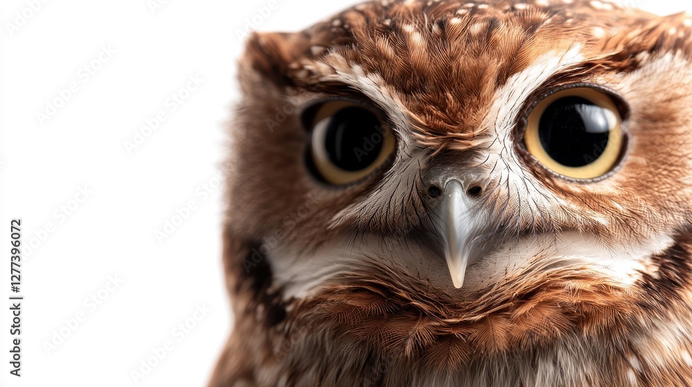 Naklejka premium Tropical screech owl captivates with striking gaze against white backdrop