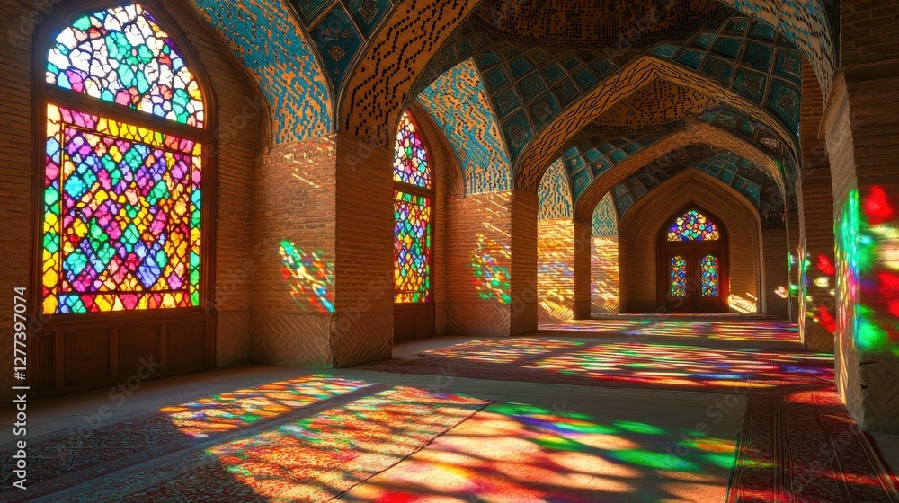 Obraz premium Colorful Light Reflections Through Stained Glass Windows in Mosque