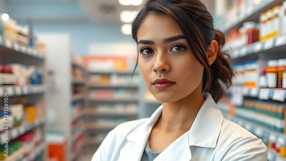 cara de farmacéutico posando en un vestido blanco. fondo borroso del interior de la farmacia con exhibiciones de drogas cara de farmacéutico posando en un vestido blanco. fondo borroso del interior de la farmacia con exhibiciones de drogas
