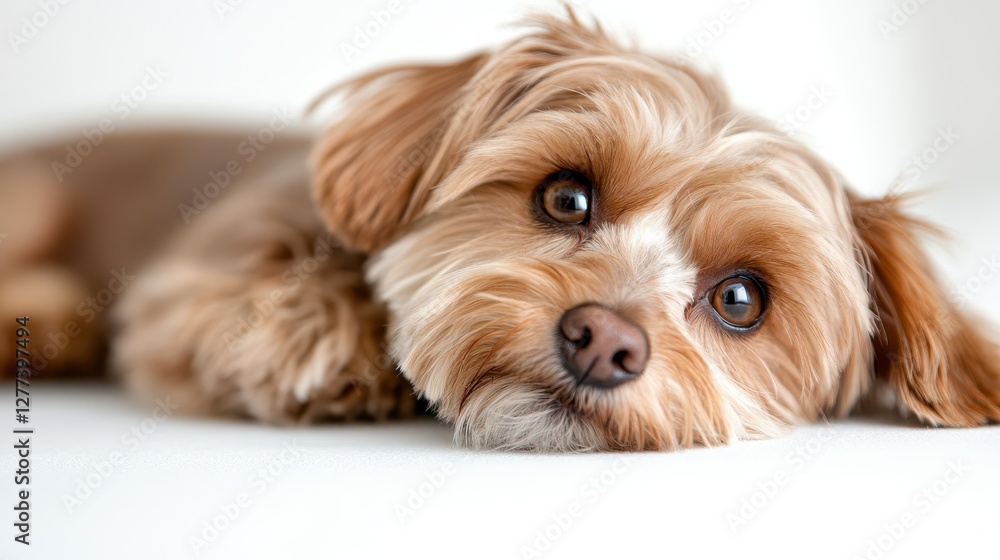 Charming maltipoo with kind eyes glowing in a white studio