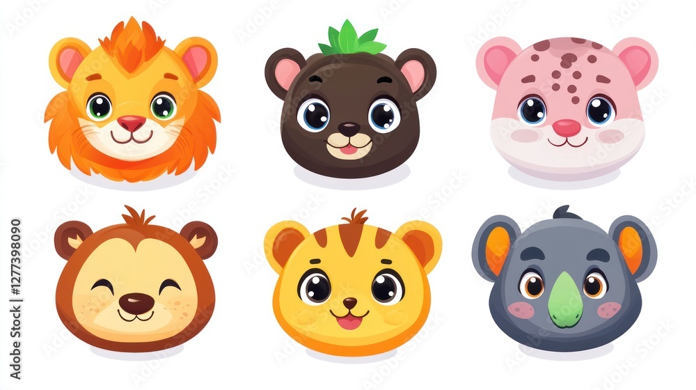Fototapeta premium Cute cartoon animal faces. Collection of adorable animal heads, lion, bear, panther, monkey, tiger, koala. Different animal species depicted in childlike style, expressive faces, bright colors.
