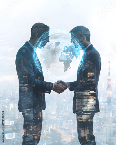 Wallpaper Mural Double Exposure Image of Businessmen Handshake with Digital Globe and Cityscape Torontodigital.ca