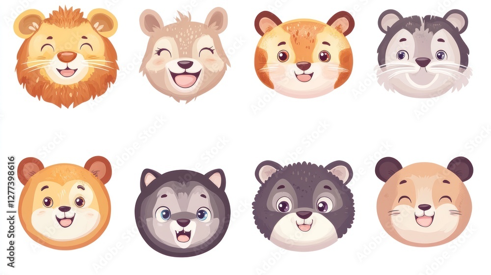 Cute cartoon animal faces. Collection of cheerful animal heads, diverse species, happy expressions, flat design, kids design, circle shapes. Cute cartoon animal faces. Collection of cheerful animal heads, diverse species, happy expressions, flat design, kids design, circle shapes.