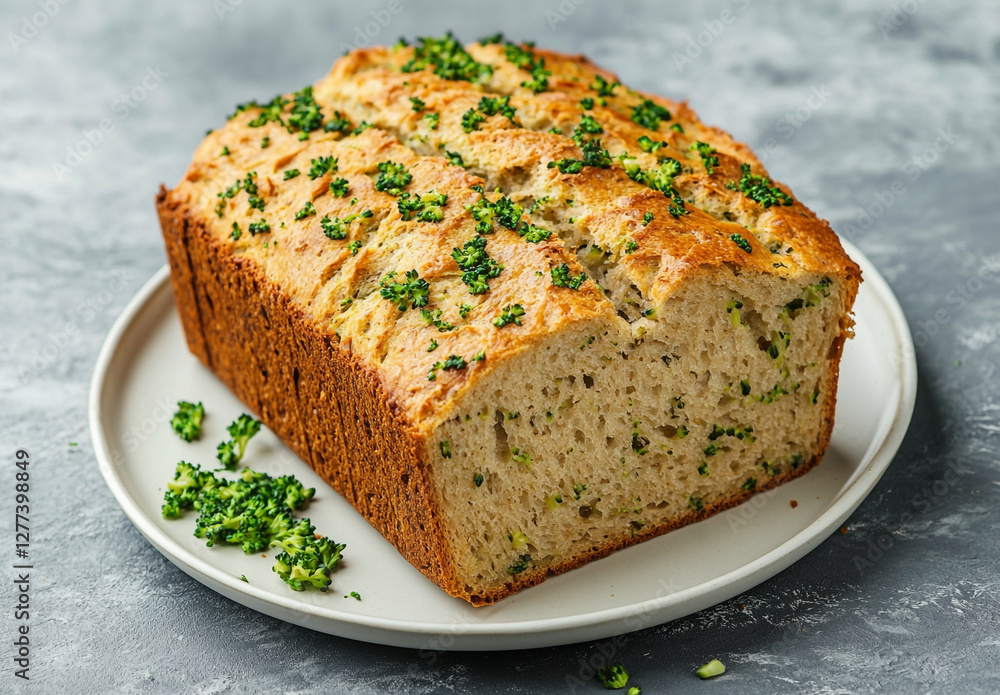 Nutritious Broccoli Loaf Bread Slice, Presented on White Dish Nutritious Broccoli Loaf Bread Slice, Presented on White Dish