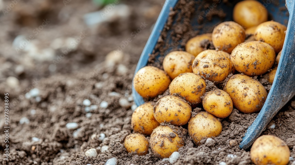 Harvesting fresh organic yellow potatoes from the soil