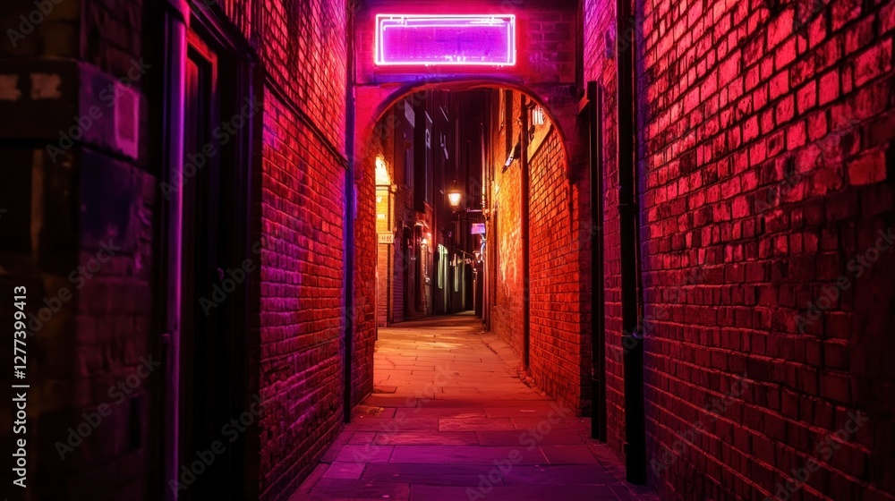 Fototapeta premium A narrow, dimly lit alleyway at night, illuminated by neon signs and streetlights. Brick walls and archway create a mysterious urban scene.