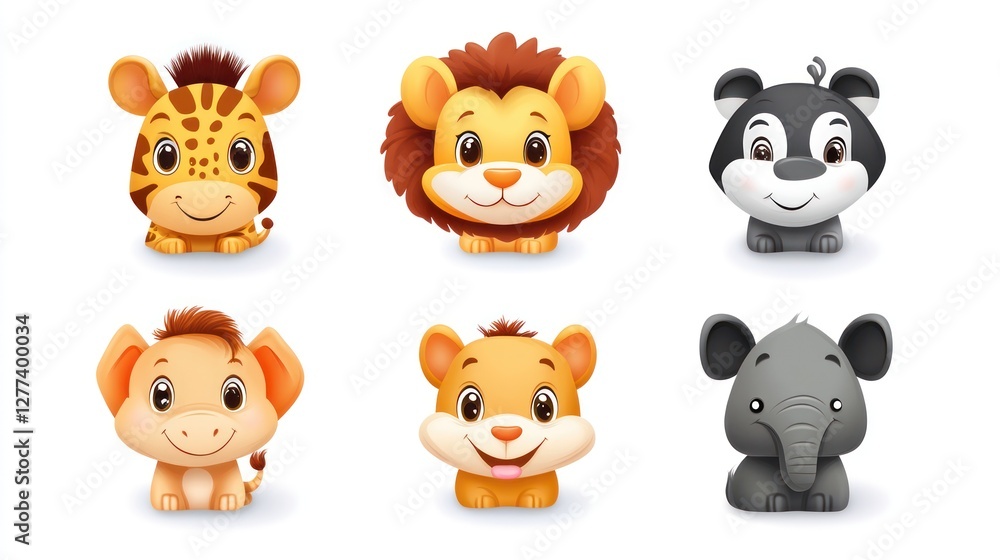Naklejka premium Cute cartoon animal faces, baby giraffe, lion, panda, monkey, elephant, and various other adorable wild animal characters set on a white background.