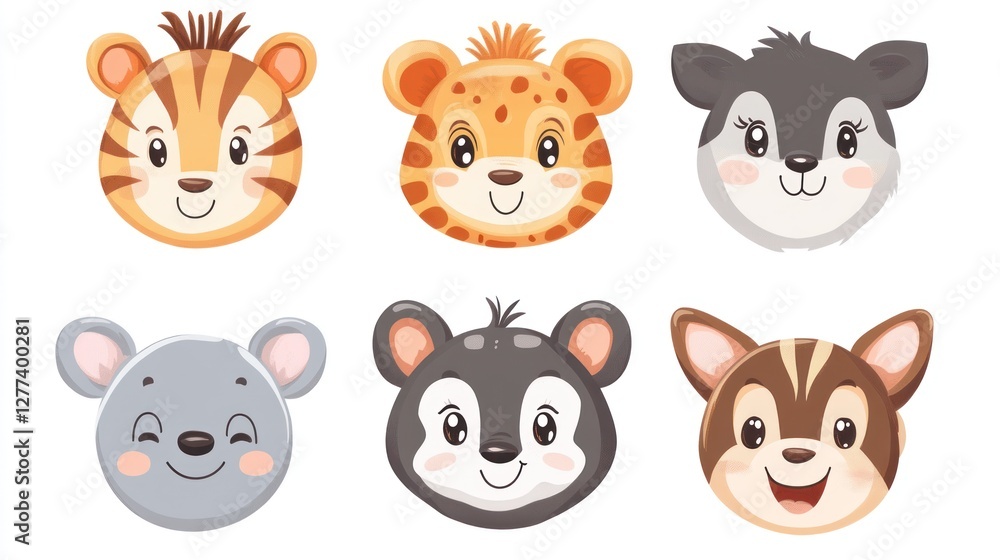 Fototapeta premium Cute cartoon animal faces, childlike illustrations of animal heads, various adorable animal portraits.