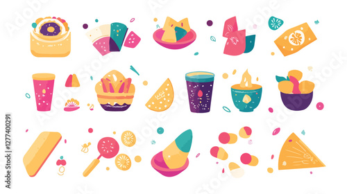 Colorful Holi-Themed Food Icons with Sweets and Drinks, Holi