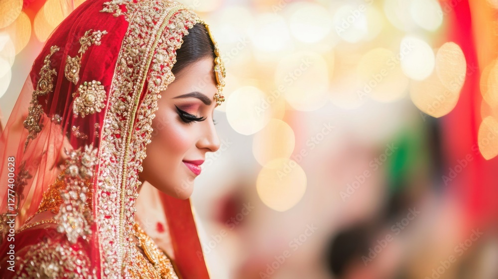 Elegant Bride in Traditional Red Attire with Intricate Embellishments Elegant Bride in Traditional Red Attire with Intricate Embellishments