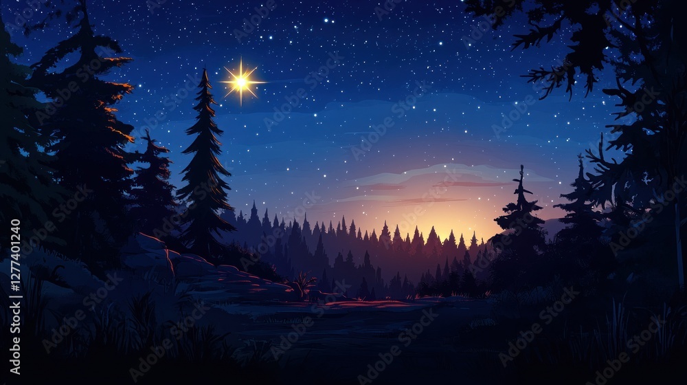Fototapeta premium A serene night landscape featuring a starry sky and silhouette of trees at sunset.