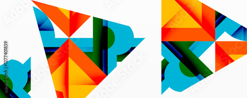 Abstract geometric artwork with interwoven angular and curved shapes, dynamic composition with smooth gradients and bold contrasts