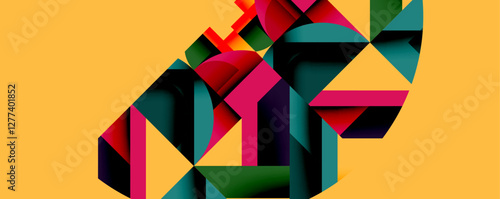Abstract geometric artwork with interwoven angular and curved shapes, dynamic composition with smooth gradients and bold contrasts