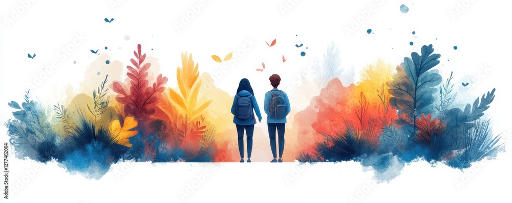Obraz premium Couple Holding Hands Surrounded by Colorful Abstract Autumn Foliage with Birds Overhead in a Serene Scenic Illustration
