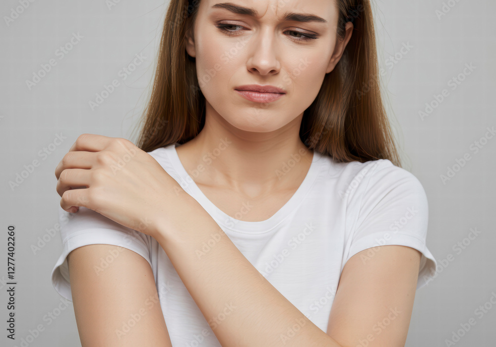 Close-Up View of Woman Scratching Arm Indicating Discomfort or Allergy Close-Up View of Woman Scratching Arm Indicating Discomfort or Allergy