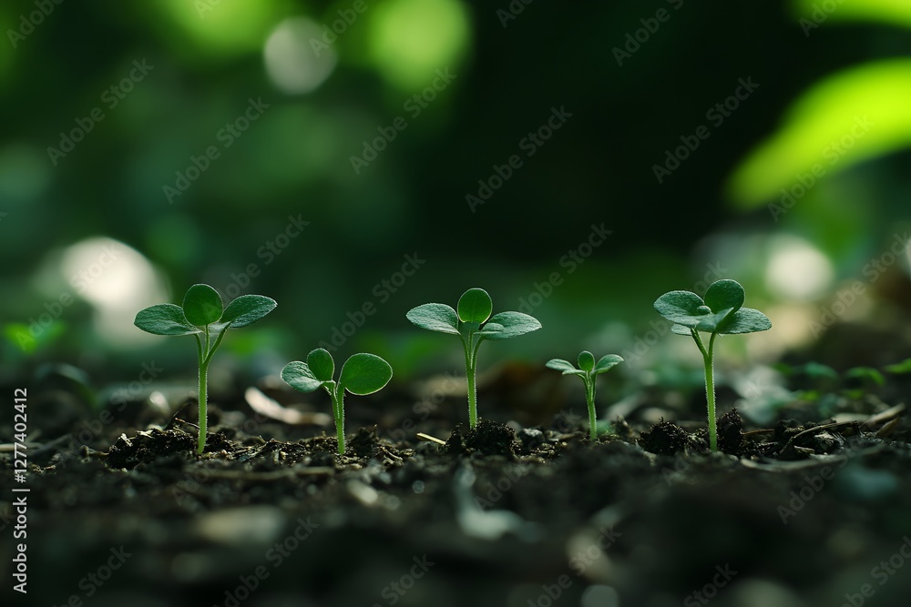The Promise of Growth Five Tiny Seedlings Reaching for Sunlight in a Lush, Verdant Forest The Promise of Growth Five Tiny Seedlings Reaching for Sunlight in a Lush, Verdant Forest