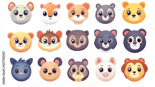 Cute cartoon animal faces in a graphic design, various animal head illustrations, childish and whimsical animal portraits.