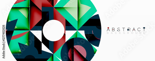 Abstract geometric composition with interlocking circular and angular shapes, featuring smooth gradients and sharp contrasts on a white background