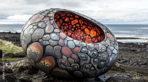 Coastal Stone Sculpture: A fiery heart embraced by the ocean's breath