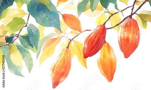 watercolor painting of a cacao pods hanging from a tree-generative ai
