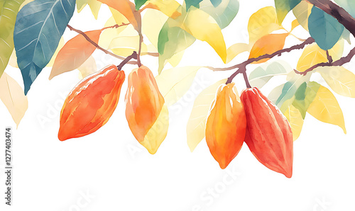 watercolor painting of a cacao pods hanging from a tree-generative ai