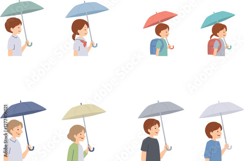 傘を持ったいろいろな世代の人物のイラスト