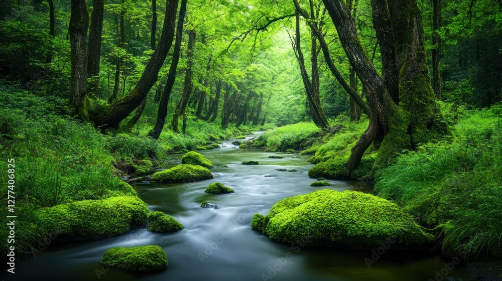 Obraz premium Serene Forest Stream: A Lush Green Paradise